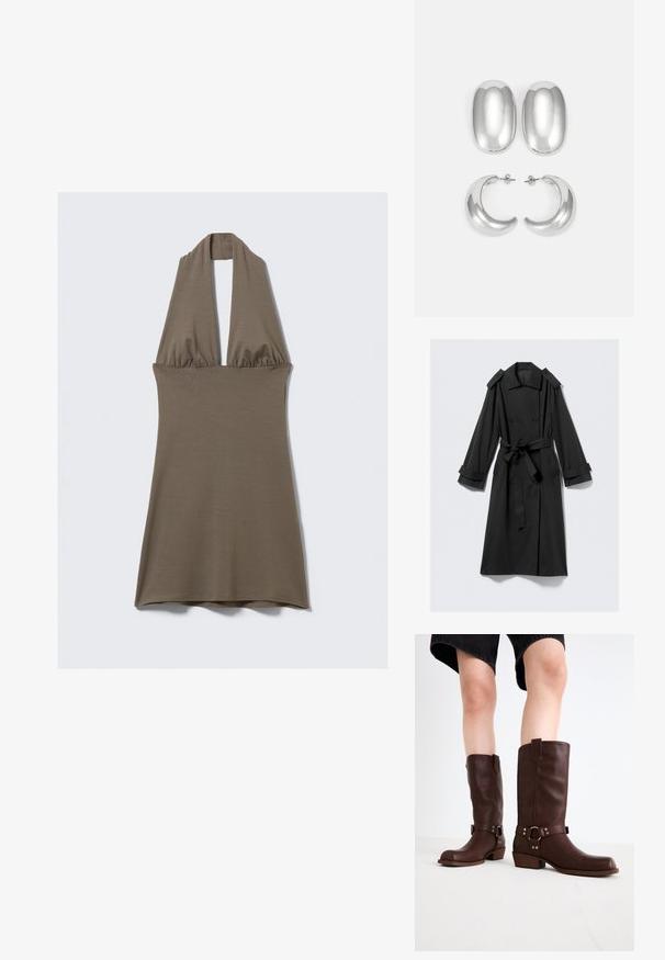 Manteau noir à longueur de cheville en tissu lisse. Il présente un avant à double boutonnage, de larges revers, des épaulettes et une ceinture à nouer.; Robe à col halter en vert olive, confectionnée dans un tissu doux et extensible. Elle présente une taille froncée et une jupe évasée, avec une texture lisse.; Bottes en cuir marron jusqu'au genou avec un bout arrondi, une surface texturée, une sangle au niveau de la cheville et des détails en métal argenté ; talon empilé.; Ensemble de boucles d'oreilles couleur argent : deux clous d'oreilles ovales et deux créoles en forme de croissant, présentant une finition brillante et lisse ainsi qu'un design arrondi.