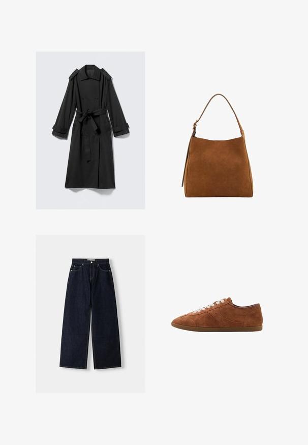 Zwarte enkellange trenchcoat van gladde stof. Beschikt over een dubbelzijdige front, brede revers, schouderepauletten en een strikriem.; Blauw en witte gestreepte langlopende overhemstel met een spreadkraag, getailleerde pasvorm en afgeronde zoom. Gestructureerd katoenen materiaal.; Donkerblauwe denim wijduitlopende jeans met een hoge taille, vijf zakken, contrasterende stiksels en zilveren metalen hardware. Gladde textuur en een nette afwerking.; Bruine nubuck sneaker met witte veters, ronde neus en textuuraccenten. Heeft een laag profiel en een rubberen zool met een gladde afwerking.; Bruine suède schoudertas met een gebogen bovenkant, enkele strap en een gladde textuur. Kenmerkt zich door een minimalistisch ontwerp en strakke lijnen.