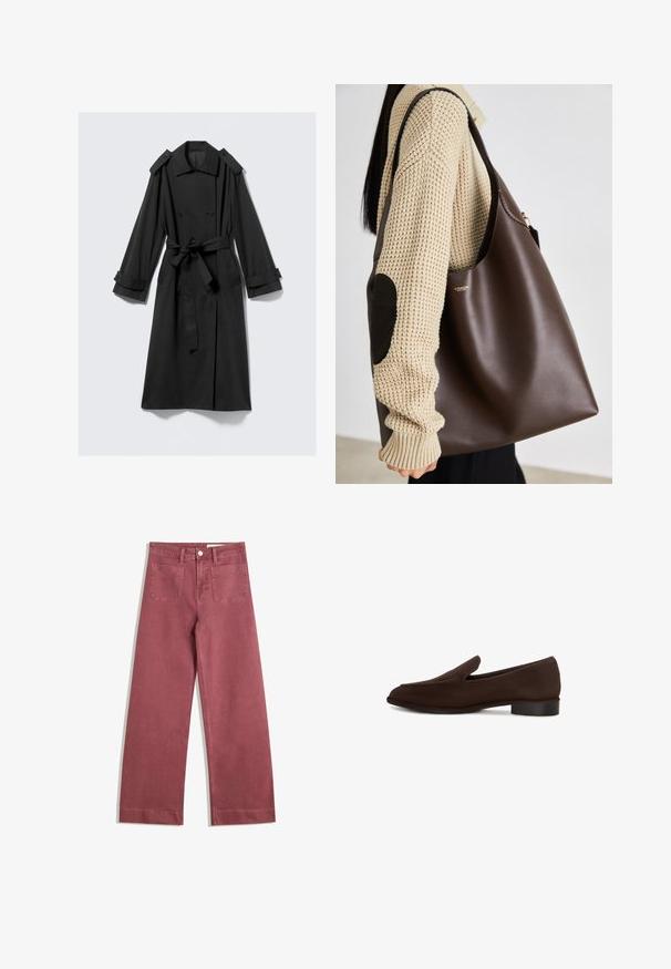 Trench coat nero lungo fino alle caviglie realizzato in tessuto morbido. Presenta una chiusura doppiopetto, ampi revers, spalline e una cintura da annodare.; T-shirt bianco in cotone con maniche corte e collo rotondo. Presenta un'etichetta rosa all'interno del collo. Texture liscia.; Pantaloni a gamba larga in un colore rosa tenue. Realizzati in un tessuto resistente, presentano due tasche posteriori, chiusura con bottone e passanti per la cintura.; Scarpa marrone slip-on con una texture liscia, forma allungata, tacco basso a blocco e design minimalista. Nessun motivo o decorazione visibile.; Borsa tote in pelle marrone con un design spazioso. Presenta una texture liscia e un logo dorato discreto. Abbinata a un maglione lavorato a maglia color crema.