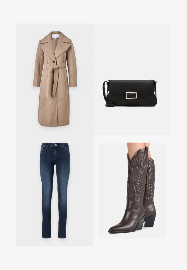 Palton din amestec de lână bej, cu talie prinsă în curea, rever mari și trei nasturi frontali. Are un material texturat și mâneci lungi.; Top alb fără mâneci, confecționat din material ribbed, prezentând un decolteu rotund și o siluetă ajustată, cu cusături minime și fără ornamente.; Jeans skinny de culoare albastru închis, din denim, cu un design clasic cu cinci buzunare, sistem de prindere cu nasture și decolorare subtilă pe coapse.; Bocanci de cowboy din piele maro, cu vârf ascuțit și toc pătrat, având cusături detaliate și accente ridicate pe tijă.; Geantă de mână din piele neagră, cu clapetă și un detaliu din metal auriu. Include o curea neagră și un design elegant, minimalist.