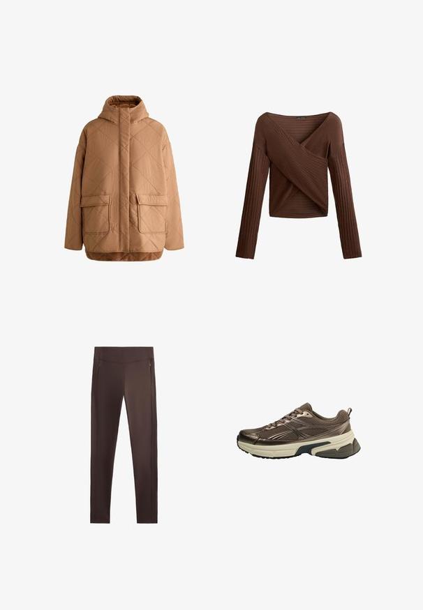 Překládaná béžová prošívaná bunda s vysokým límcem, předním zipem a dvěma velkými náprsními kapsami. Měkká, texturovaná tkanina s diamantovým vzorem.; Hnědý žebrovaný top s dlouhým rukávem a překříženým designem ve tvaru V, texturovaná látka a přiléhavý střih. Má dlouhé rukávy a zkrácenou délku.; Hnědé fitness legíny s hladkým povrchem, vysokým pasem a dvěma postranními zipy na kapsy, s propracovaným designem s úzkým střihem.; Hnědá sportovní obuv s horní částí z prodyšné síťoviny, kovovými akcenty, silnou bílou mezipodešví a texturovanou černou podrážkou. Obsahuje tkaničky a poutko.
