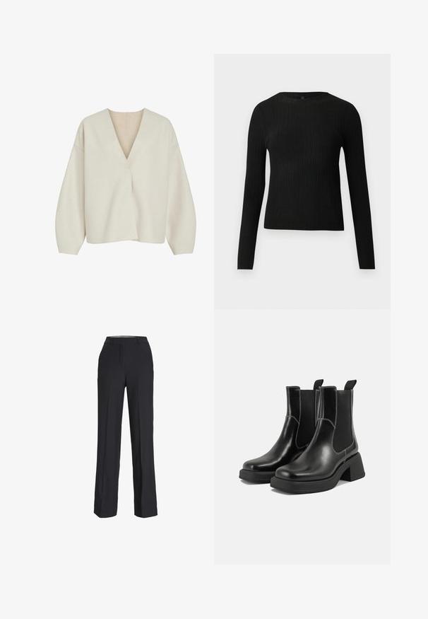 Kreminkrāsas apmetnis ar dziļu V-veida kakla izgriezumu, brīvu piegriezumu un nolaižamām plecu šuvēm. Mīksta, struktūrēta auduma bez redzamām aizdarinājumiem vai rakstiem.; Melna, ribota, garām piedurknēm pieguļoša džemperis ar apaļu kakla izgriezumu, izlikta pret vienkāršu gaišu fonu.; Melni, augstā jostasvietā sīkie bikses ar taisnu piegriezumu. Izgatavoti no gludas auduma, ar priekšējām krokām un sānu kabatām.; Melni ādas Čelsijas zābaki ar masīvu papēdi, elastīgām sānu panelēm un kontrastējošu balto šuvumu. Teksturēts apdare.