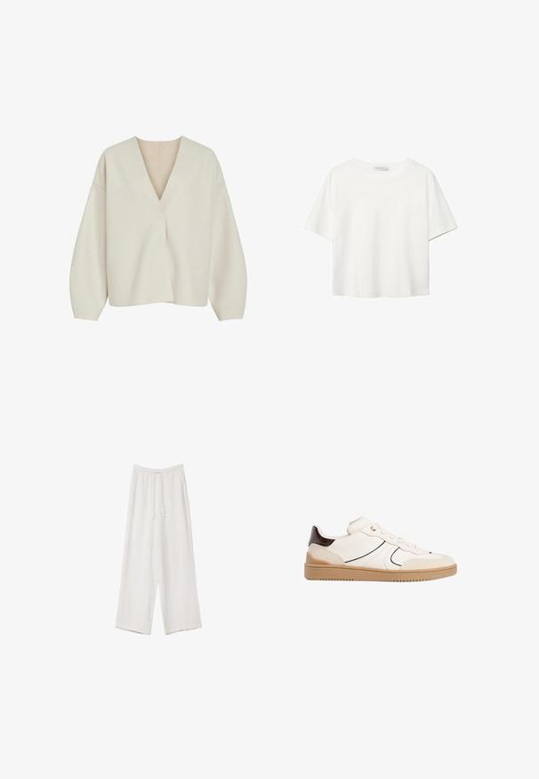 Krämfärgad omslagströja med djup V-ringning, lös passform och sänkta axlar. Mjuk, texturerad tyg utan synliga knäppningar eller mönster.; Vit t-shirt med kort ärm i bomull. Har en rundad halsringning och en avslappnad passform. Slät textur utan synliga mönster eller detaljer.; Vita vida byxor i vid passform gjorda av ett lättviktsmaterial. Har en elastisk midja med dragsko och sidofickor. Slät textur.; Stradivarius Sneakers - white