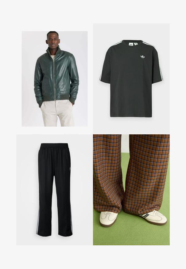 Groene leren bomberjack met een hoge kraag, voorsluiting met rits en ribbelmanchetten. Gladde textuur en twee zijzakken.; Zwart katoenen T-shirt met korte mouwen, ronde hals en witte drie-strepen details op de schouders. Heeft een klein wit logo op de borst.; Zwarte sportbroeken met een elastische tailleband, voorzien van witte zijkanten en een klein logo. Het materiaal lijkt zacht en lichtgewicht te zijn.; Bruine en blauwe geruite wijde broek, gecombineerd met witte schoenen met zwarte accenten en een gestructureerde zool, gezet tegen een groene achtergrond.