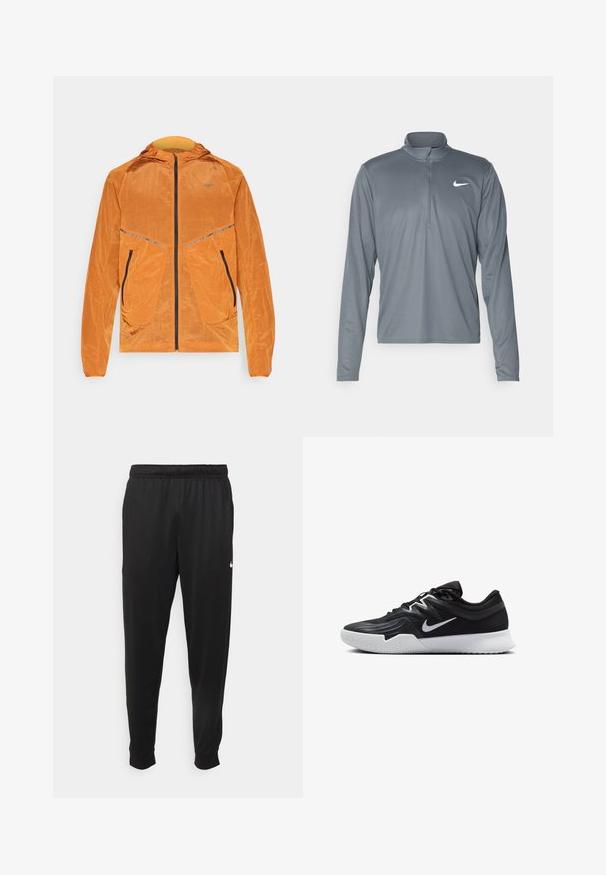 Orangefarbene Nike-Jacke mit Kapuze, strukturiertem Stoff, durchgehendem Reißverschluss, zwei Fronttaschen mit schwarzen Reißverschlüssen und reflektierenden Akzenten.; Graues langärmliges Nike-Performance-Shirt mit einem Viertelreißverschluss-Kragen. Hergestellt aus glattem, leichtem Stoff, mit einem kleinen weißen Logo auf der Brust.; Schwarze Sporthosen aus glattem Stoff, mit einem elastischen Bund, schmal zulaufenden Beinen und einem kleinen weißen Logo auf der linken Seite.; Schwarzer Sportschuh mit strukturiertem Obermaterial, weißem Nike-Warenzeichen und einer weißen Gummisohle. Verfügt über ein Schnürdesign und eine dynamische Form.