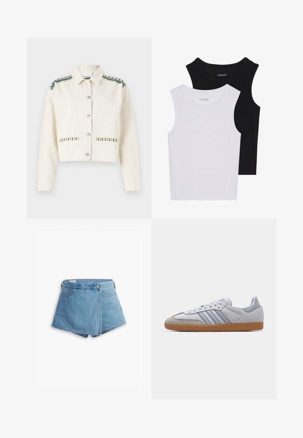 Utskriven krämfärgad jacka i denim med gröna detaljer och dekorativ sömnad i guld och svart längs fickor och axlar.; Två ärmlösa toppar i svart och vitt, tillverkade av ribbat bomull, med rund halsringning och en figurpassande design. Etiketter synliga på båda.; Jeansshorts i ljusblått, med en omslagdesign, framfickor och metallknappslutning. Snygg textur med sydda kanter.; Vita lädersneakers med ljusblå accenter, grå mocka tå och en brun gummisula. Har tre blå ränder och "Samba"-logotyp.