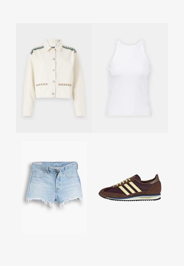 Chaquetón crema recortado fabricado en denim, con ribetes verdes y costuras decorativas en oro y negro a lo largo de los bolsillos y los hombros.; Top de tirantes blanco sin mangas hecho de tela acanalada, con un escote redondeado y una silueta ajustada, con costuras mínimas y sin adornos.; Pantalones cortos de mezclilla azul claro con cintura alta, dobladillo deshilachado, diseño de cinco bolsillos y costuras en contraste. Dos botones en el cierre frontal.; Deportivas marrones y burdeos con materiales de ante y malla, con tres franjas crema, tela texturizada en la lengüeta y suela de goma.