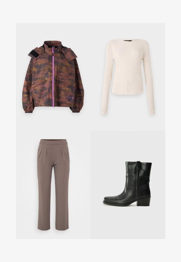 Chaqueta con un patrón marrón y naranja, con cierre de cremallera frontal, alto cuello y grandes bolsillos. Presenta detalles en cremallera y velcro de color púrpura.; Top de manga larga, color beige claro, con cuello redondo. Fabricado en un tejido suave, presenta una costura central y un dobladillo ligeramente curvado. Sin herrajes visibles.; Pantalones sueltos color topo con cinturilla elástica y pliegues frontales, hechos de una tela suave.; Botín negro de cuero hasta el tobillo con punta redondeada, tacón cuadrado, cremallera lateral y detalles de costura en el empeine. Textura suave, diseño clásico.