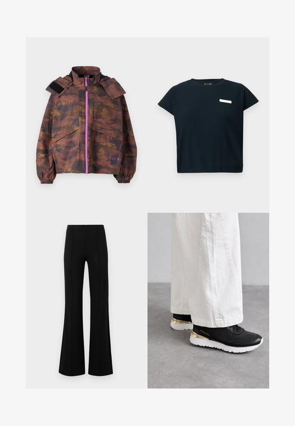 Jacket z rjavimi in oranžnimi vzorci z zadrgo spredaj, visokim ovratnikom in velikimi žepi. Ima vijolične zadrge in dodatke na ježke.; Črna rebrasta majica s kratkimi rokavi in okroglo ovratnikom, ki ima na prsih majhno belo oznako, izdelana iz mehkega bombažnemu podobnega materiala.; Črne krilate hlače z visokim pasom, izdelane iz raztegljive tkanine. Imajo vertikalne šive na sprednji strani in gladko teksturo.; Črne usnjene teniske z zlatim poudarkom na peti, belo podplatom in teksturirano površino, v kombinaciji z belimi širokimi hlačami.