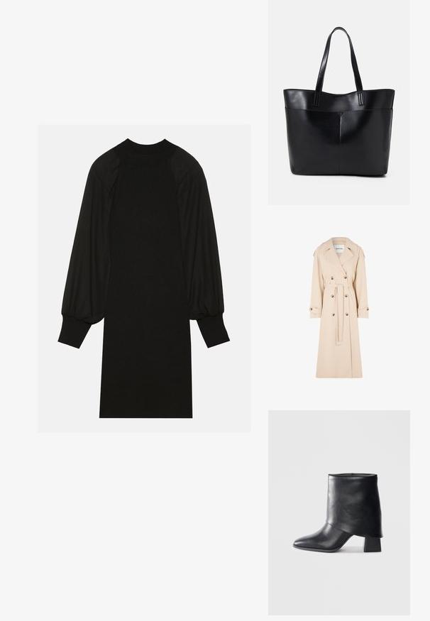 Μπεζ παλτό βροχής με διπλό κούμπωμα, μεγάλο λαιμό και ζώνη από ύφασμα. Διαθέτει χρυσά κουμπιά και λεπτομέρειες στους καρπούς. Λείος υφή.; Μαύρο φόρεμα με ριμπ ύφασμα, φουσκωτά μανίκια και ψηλή λαιμόκοψη. Η σιλουέτα είναι ίσια και φτάνει μέχρι το γόνατο.; Μαύρη δερμάτινη μπότες μέχρι τον αστράγαλο με μυτερή μύτη, λεία υφή και δομημένο τακούνι. Διαθέτει υψηλό, διπλωμένο σχέδιο στην επάνω μεριά.; Μαύρη δερμάτινη τσάντα tote με δύο μακριούς ιμάντες, λεία υφή και δομημένο σχήμα. Διαθέτει μπροστινή τσέπη για επιπλέον αποθήκευση.