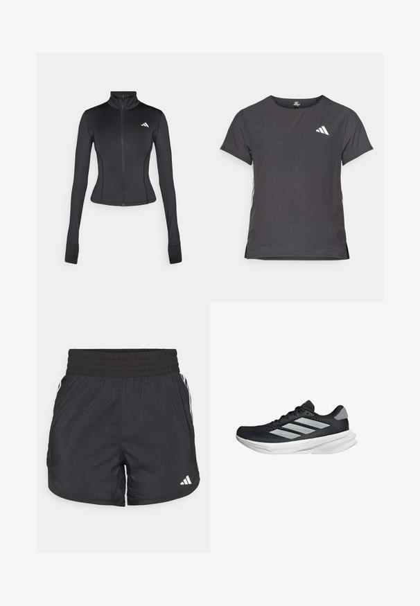 Black fitted zip-up jacket made of stretchy fabric, featuring long sleeves, a stand-up collar, and a small logo on the left chest.; Short-sleeve athletic t-shirt, dark gray with perforated texture. Features a white logo and contrasting side stripes. Rounded neckline.; Black athletic shorts with an elastic waistband, side pockets, and white stripe accents on the sides. Made of lightweight material.; Black running shoe with mesh upper, three silver stripes, white midsole, and textured outsole. Features padded collar and lace closure.