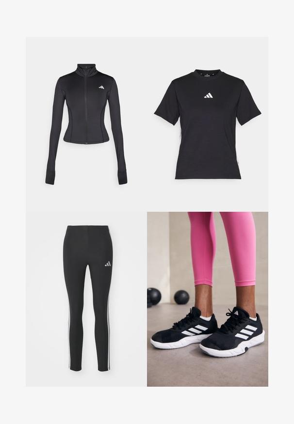 Jaqueta preta ajustada com fecho, feita de tecido elástico, apresentando mangas longas, um colarinho alto e um pequeno logotipo no lado esquerdo do peito.; T-shirt preto de manga curta feito de tecido macio. Apresenta um logo branco da Adidas e riscas brancas em contraste ao longo dos lados.; Leggings pretos feitos de material elástico com riscas brancas laterais e um pequeno logo refletor no canto superior esquerdo.; Sapatos de treino pretos com riscas brancas, parte superior em malha texturizada e sola branca. Usados com leggings cor-de-rosa, destacando roupa de treino.