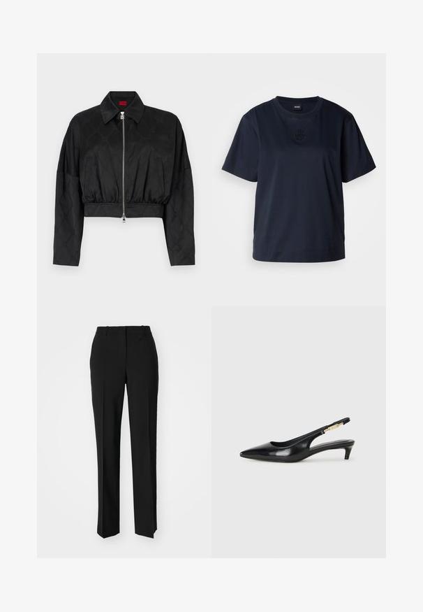 Veste noire courte en tissu brillant avec un motif en relief subtil, dotée d'un col pointu, d'une fermeture éclair et d'une taille élastique.; T-shirt bleu marine à manches courtes en coton doux. Il présente un col rond et un logo brodé subtil sur la poitrine.; Pantalon noir ajusté avec une coupe droite, présentant une texture lisse et des plis nets sur le devant. Aucune quincaillerie visible.; Talons hauts en cuir noir avec un bout pointu, dotés d'un talon fin et d'un accent en ton or sur la lanière réglable. Texture lisse.