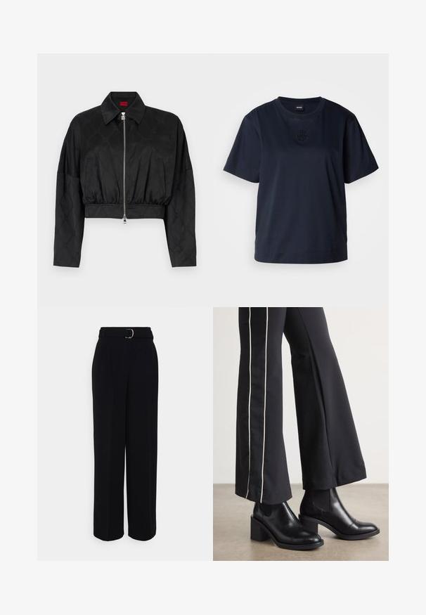 Veste noire courte en tissu brillant avec un motif en relief subtil, dotée d'un col pointu, d'une fermeture éclair et d'une taille élastique.; T-shirt bleu marine à manches courtes en coton doux. Il présente un col rond et un logo brodé subtil sur la poitrine.; Pantalons noirs ajustés avec une silhouette à jambes larges, dotés d'une ceinture avec une boucle en argent, de plis et d'une texture de tissu lisse.; Bottines en cuir Noir avec un talon bloc, dotées de panneaux élastiques sur les côtés. Associées à un pantalon noir avec une rayure blanche sur le côté.