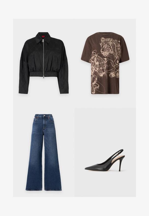 Črn skrajšan jopič iz sijočega blaga z diskretnim embosiranim vzorcem, ki ima ovratnik, zadrgo in elastičen pas.; Brahno majica s podrobnim grafičnim dizajnom tigra v svetlo kremni barvi. Kratki rokavi, okrogla ovratnika in mehak, teksturiran material.; Visoko pasovi, široke hlače iz temno modrega denima, z gumbom za zapiranje, petimi žepi in subtilnimi zbledi na stegnih.; Črne usnjene sandale s peto s konicami, gladko teksturo in nežnim trakom z kovinsko zaponko.