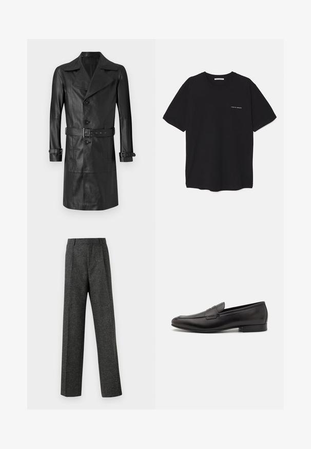 Fekete bőr trench coat, dupla gombolású előlappal, nagy gallérral, övvel ellátott derékkal és csukló pántokkal. Simább textúra, térd hosszúságú design.; Fekete pamut T-shirt kerek nyakkivágással, rövid ujjakkal, és fehér logónyomattal a bal mellrészen. Egyszerű, egyszínű dizájn.; Szürke, texturált anyagból készült, szabott nadrág, két elülső pliszével és egyenes lábbal. Nincsenek látható zsebek vagy díszítések.; Fekete bőr loaferek elegáns dizájnnal, kerek orral és alacsony, rétegelt sarokkal. Díszített varrással rendelkezik a felsőrészen.