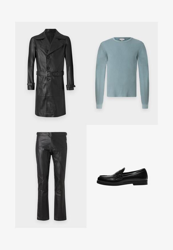 Čierny kožený plášť s dvojradovým zapínaním, veľkým golierom, opaskom v páse a popruhmi na manžetách. Hladká textura, dizajn do dĺžky kolien.; Svetlomodrá košeľa s dlhým rukávom, s ryhovanou textúrou a okrúhlym výstrihom. Má priliehajúce manžety a jednoduchú značkovú etiketu na golieri.; Čierne kožené nohavice so strihom rovného nohu, vybavené zipsovými vreckami, kolennými záplatami a nastaviteľnými detailmi v páse. Hladká textúra.; Čierne kožené loafers s hladkým povrchom, so šitím na priehlavku a nízkou, pevnú čiernu gumovú podrážku.