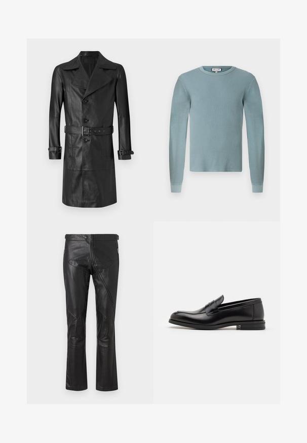 Čierny kožený plášť s dvojradovým zapínaním, veľkým golierom, opaskom v páse a popruhmi na manžetách. Hladká textura, dizajn do dĺžky kolien.; Svetlomodrá košeľa s dlhým rukávom, s ryhovanou textúrou a okrúhlym výstrihom. Má priliehajúce manžety a jednoduchú značkovú etiketu na golieri.; Čierne kožené nohavice so strihom rovného nohu, vybavené zipsovými vreckami, kolennými záplatami a nastaviteľnými detailmi v páse. Hladká textúra.; Čierne kožené mokasíny s hladkou textúrou, zaoblenou špičkou a dekoračným pásikom cez priehlavok. Nízky vrstvený opätok, minimalistický dizajn.