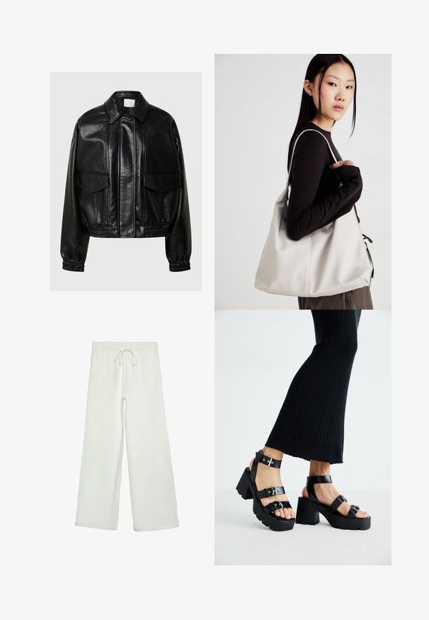 Čierna umelá kožená bunda s špicatým golierom, prednými vreckami na klopu, elastickými manžetami a elastickým lemom na šedom pozadí.; Súprava dvoch dlhých rukávov v bielej a čiernej farbe. Žebrovaná textúra, okrúhly výstrih, priliehavý strih s mierne rozšírenými rukávmi.; Biele nohavice s širokými nohavicami vyrobené z mäkkej tkaniny. Majú elastický pás s šnúrkou a hladký povrch. Žiadne viditeľné vzory ani kovania.; Čierne platformové sandále s robustnými, zúbkovanými podrážkami a viacerými popruhmi, s kovovými prackami a hladkým textúrou pripomínajúcou kožu.; Béžová kabelka vyrobená z mäkkého materiálu, s uvoľneným dizajnom, prišitými detailmi a dvoma popruhmi na nosenie na pleciach. Vhodná na každodenné nosenie.