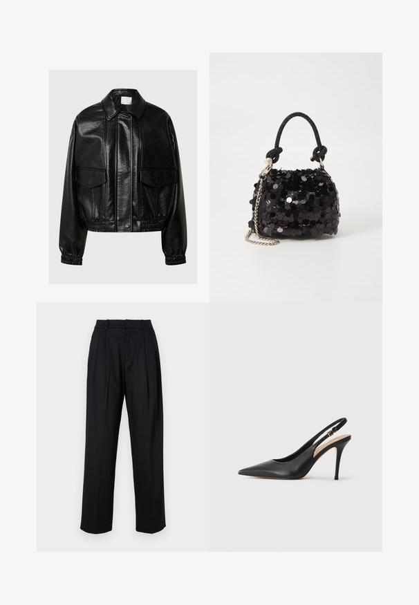 Svart faux skinnjakke med spiss krage, frontlommer med klaff, elastiske mansjetter og elastisk kant på en grå bakgrunn.; Hvit, cropped t-skjorte laget av glatt bomull, med høy hals og korte ermer. Liten brodert logo i nederste hjørne.; Sorte bukser med en skræddersyet design, der har høj talje, folder og lige ben. Lavet af glat stof i en ensfarvet farve.; Svart lær slingback høye hæler med spiss tå, glatt tekstur og en delikat stropp med en metallisk spenne.; Svart paljettmini-veske med en knyttet teksturert stropp og sølvkjede. Rund form med samlet topp og reflekterende detaljer.