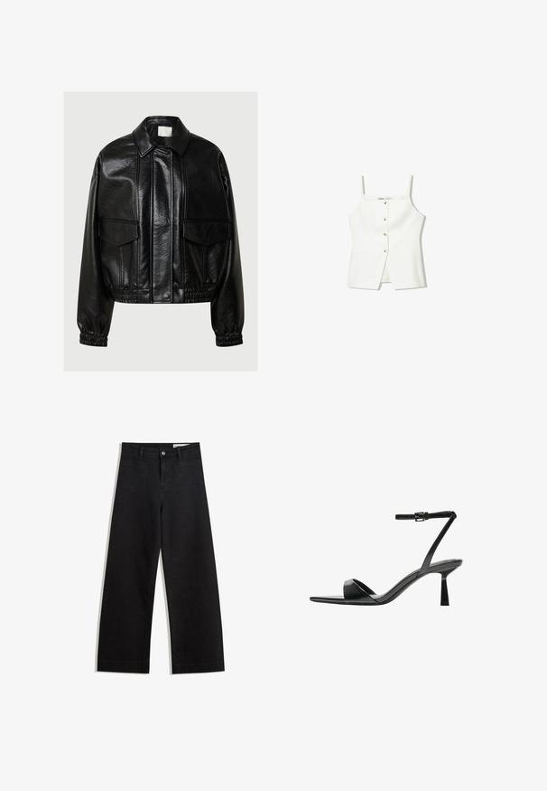 Musta keinonahkainen takki, jossa on terävä kaulus, etutaskut, elastiset hihansuut ja joustava helma harmaalla taustalla.; Valkoinen hihaton toppi, jossa on nappikiinnitys edessä, sivutaskut ja istuva muotoilu, jossa on hieman levenevä helma. Sileä rakenne, vähäinen yksityiskohtaisuus.; Mustat leveät farkut korkealla vyötäröllä, joissa on etu- ja takataskut, ommellut saumat ja nappisuljenta. Silkinoinen rakenne.; Bershka Korolliset sandaalit - black