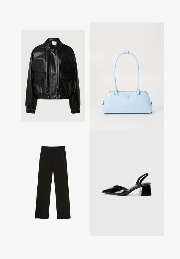 Černá koženka s špičatým límcem, předními klopovými kapsami, elastickými manžetami a elastickým lemem na šedém pozadí.; Černý bezsleeve crop top vyrobený z hladké tkaniny, s kulatým výstřihem a čistým, jednoduchým designem bez vzorů nebo kovových doplňků.; Černé široké kalhoty vyrobené z hladké tkaniny, s dobře padnoucím pasem a jemnými předními klíny pro zvýraznění textury.; Černé lakované kožené lodičky na pásku s špičatou špičkou a geometrickým blokovým podpatkem. Vyznačují se elegantním, minimalistickým designem a hladkým povrchem.; Světle modrá kabelka se strukturovaným tvarem, hladkou koženou texturou, dvěma uchy a trojúhelníkovým logem značky na přední straně. Uzavření na zip.