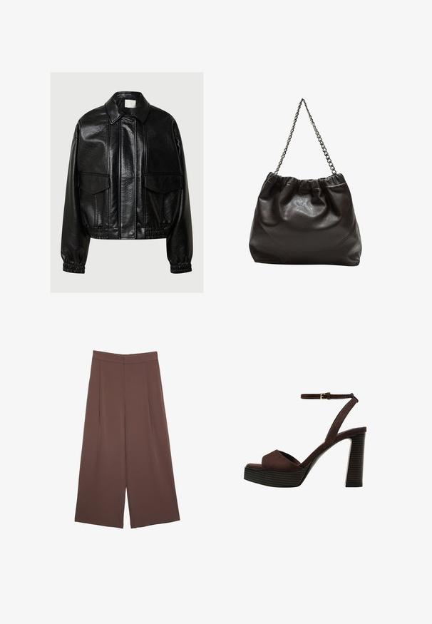 Giacca in finta pelle nera con colletto a punta, tasche anteriori con pattina, polsini elastici e orlo elasticizzato su uno sfondo grigio.; Maglietta a maniche corte marrone realizzata in tessuto morbido, con scollatura rotonda e vestibilità rilassata. Nessun motivo o dettaglio visibile.; Pantaloni ampi marroni con una texture liscia, caratterizzati da una vita alta e pieghe frontali. Il tessuto è leggero e scorre liberamente.; Sandal in camoscio marrone con tacco alto, punta aperta, cinturino alla caviglia regolabile e suola a piattaforma striata.; Borsa in pelle marrone con parte superiore arricciata e tracolla a catena. Texture liscia con finitura lucida e dettagli di cucitura sottili sui lati.