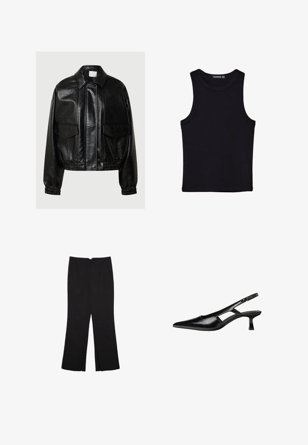 Čierna umelá kožená bunda s špicatým golierom, prednými vreckami na klopu, elastickými manžetami a elastickým lemom na šedom pozadí.; Čierny tank top vyrobený z bavlny, s okrúhlym výstrihom a širokými ramienkami. Hladká textúra so zošitými okrajmi. Klasický, minimalistický dizajn.; Čierne nohavice so strihom rovného strihu, s prednými vreckami a bočnými rozparkami na leme. Vyrobené z mäkkej, hladkej tkaniny. Vhodné na rôzne príležitosti.; Čierne lakované kožené lodičky na podpätku s špicatou špičkou, výrezovým dizajnom na boku a malým štvorcovým podpätkom. Hladký povrch s minimálnymi akcentmi.