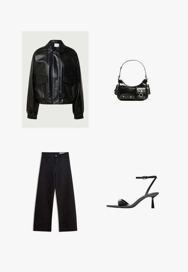 Schwarze Kunstlederjacke mit spitzem Kragen, vorderen Klapptaschen, elastischen Bündchen und elastischem Saum auf einem grauen Hintergrund.; Schwarzes, langärmliges, kurz geschnittenes Oberteil mit Rundhalsausschnitt, schlichter Gestaltung und leicht abgerundetem Saum.; Schwarze weit geschnittene Jeans mit hoher Taille, ausgestattet mit Vorder- und Hintertaschen, gesteppten Nähten und einem Knopfverschluss. Glatte Textur.; Bershka High Heel Sandalette - black; Schwarze Lackleder-Handtasche mit geschwungenem Design, einem Schulterriemen, Vordertaschen und silberfarbenen Hardware-Akzenten.