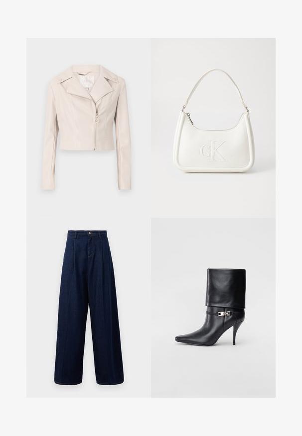 Jachetă scurtă din piele ecologică bej deschis, cu rever tăiat, închidere cu fermoar și butoane decorative pe umeri. Prezintă un luciu subtil.; Top alb fără mâneci, din tricot, cu guler rotund, tiv cu nervuri și detalii cu cusături pe laterale; are o etichetă mică cu brandul la margine.; Pantaloni larga din denim de culoare albastră închisă, cu talie înaltă, față pliată și închidere clasică cu nasture, având buzunare laterale și cusături contrastante.; Botine negre din piele, cu vârf ascuțit, toc înalt și subțire, cu manșetă pliată și un detaliu decorativ cu cataramă aurie la gleznă.; Geantă de umăr din piele albă cu formă curbată, având un logo "CK" embosat pe partea din față și un singur braț de umăr. Închidere cu fermoar în partea de sus.