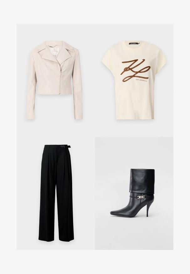 Giacca in ecopelle beige chiaro tagliata, con colletto a punta, chiusura con zip e bottoni decorativi sulle spalle. Presenta un delicato lucido.; T-shirt in cotone color crema con maniche corte, caratterizzato da un logo ricamato marrone e un design con scritta sul davanti.; Pantaloni neri a gamba larga con vita alta, pieghe nella parte anteriore e una cintura con fibbia. Realizzati in tessuto liscio e leggero.; Stivale ankle in pelle nera con punta affusolata, alto tacco a stiletto, risvolto sulla caviglia e un elegante dettaglio in oro con fibbia decorativa.