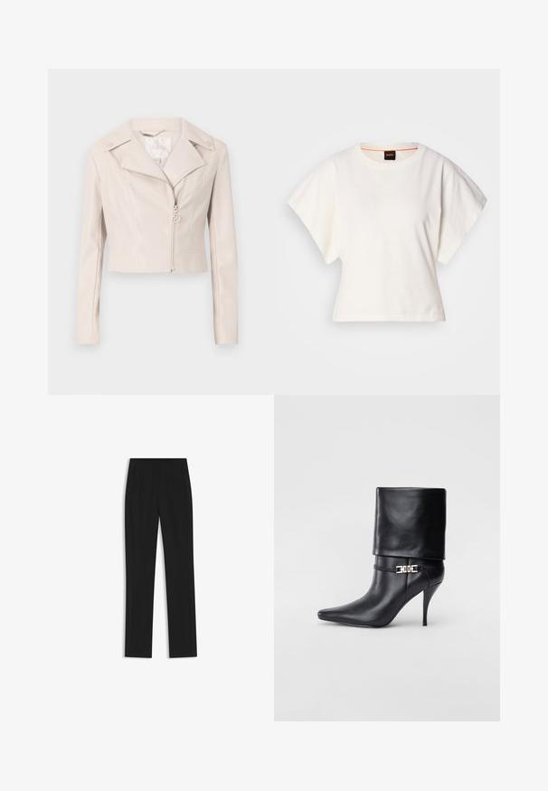 Gekürzte, hellbeige Kunstlederjacke mit eingefasstem Kragen, Reißverschluss und dekorativen Knöpfen auf den Schultern. Besitzt einen subtilen Glanz.; Weißes, kurzes T-Shirt, kurze weite Ärmel, weicher Baumwollstoff, runder Ausschnitt mit subtilen orangefarbenen Akzenten, minimales Design, keine Muster oder Grafiken.; Schwarze maßgeschneiderte Hose mit geradem Bein, ausgestattet mit Fronttaschen und einem glatten, strukturierten Stoff. Saubere, minimale Details.; Schwarze Leder-Ankle-Boots mit spitzer Zehenpartie, hohen Stiletto-Absätzen, umgeschlagenem Schaft und einem goldenen dekorativen Schnallen-Detail an der Knöchel.