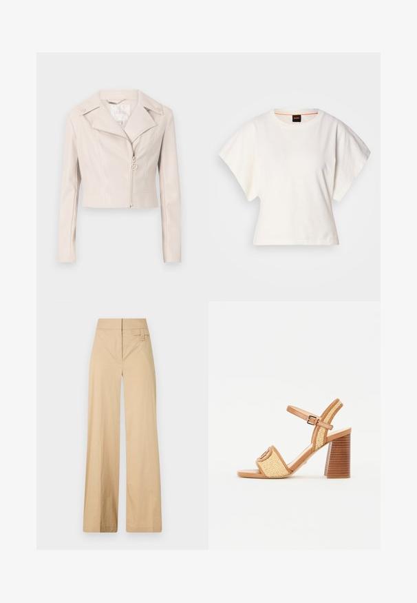 Félbevágott világos bézs műbőr kabát, bemélyített gallérral, cipzáras záródással és díszítő gombokkal a vállakon. Finom fényű.; Fehér, rövid, bő ujjú, crop szabású póló, puha pamut anyagból, kerek nyakkivágással, finom narancssárga díszítéssel, minimalista dizájn, minta vagy grafika nélkül.; Beige színű, bővülő lábú nadrág kevert pamut anyagból. Simás textúrával, elasztikus derékpánttal és oldalsó gombos díszítéssel rendelkezik.; Barna bőr és szőtt szalma magassarkú szandál, bokapánttal, nyitott orral és vastag, fára hasonlító sarokkal, vízszintes csíkokkal.
