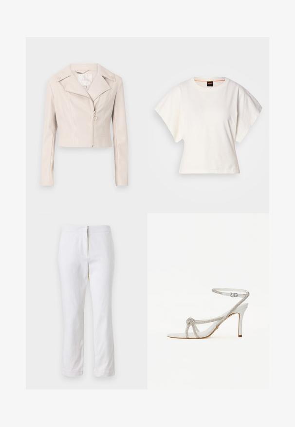 Jachetă scurtă din piele ecologică bej deschis, cu rever tăiat, închidere cu fermoar și butoane decorative pe umeri. Prezintă un luciu subtil.; Tricou alb scurt, cu mâneci scurte și largi, din bumbac moale, cu decolteu rotund și un finisaj subtil portocaliu, design minimalist, fără modele sau grafice.; Pantaloni din bumbac alb, cu un design drept, având talie medie și fără hardware sau modele vizibile. Textură uniformă pe întreaga suprafață.; Sandalie albe cu toc înalt, cu o curea texturată ce prezintă strasuri, design cu vârf deschis și curea pentru gleznă cu cataramă ajustabilă.