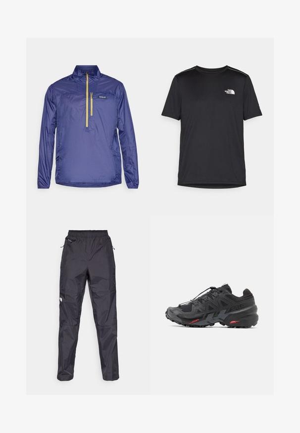 Jachetă ușoară de culoare bleumarin, cu mâneci lungi, fermoar pe un sfert în față, un buzunar mic și un fermoar galben contrastant. Construită dintr-un material neted și lucios.; Tricou negru cu mânecă scurtă, realizat dintr-un material ușor. Prezintă un mic logo alb pe pieptul stâng și accente subtile pe umeri.; Pantaloni negri impermeabili, confecționați dintr-un material ușor, texturat. Dispune de un tiv elastic și buzunare cu fermoar.; Pantofii de alergare negri, cu un superior sintetic, design texturat și accente roșii contrastante. Dispun de un sistem de șireturi securizat și o talpă robustă.