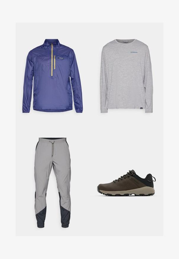 Marinblå lättviktsjacka med långa ärmar, kvartslång dragkedja fram, en liten ficka och en kontrasterande gul dragkedja. Tillverkad av glatt, glänsande material.; Ljusgrå t-shirt med långa ärmar gjord av mjukt, texturerat tyg. Har en rund hals och en liten blå Patagonia-logotyp på bröstet.; Lätta, grå träningsbyxor med svarta detaljer. Elastisk midja, dragsko stängning, tapered design och sidofickor.; Bruna vattentåliga sneakers med en strukturerad ovandel, perforerade detaljer, svart hälstöd och en grå gummisula. Snörningen har metalliska ändar.