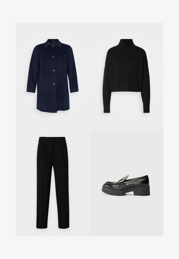 Persona by Marina Rinaldi OMBRE - Palton scurt - blu notte; Pulover negru scurt, cu guler înalt cu nervuri, mâneci lungi, textură tricotată, având un mic logo pe piept.; Pantaloni negri personalizați, cu o croială dreaptă, față pliată, țesătură lucioasă și talie medie. Fără buzunare vizibile sau detalii de metal.; Mocasini negri din piele cu talpă din cauciuc masivă. Prezintă un accent cu cataramă și detalii cusute pe partea superioară. Toc plat.