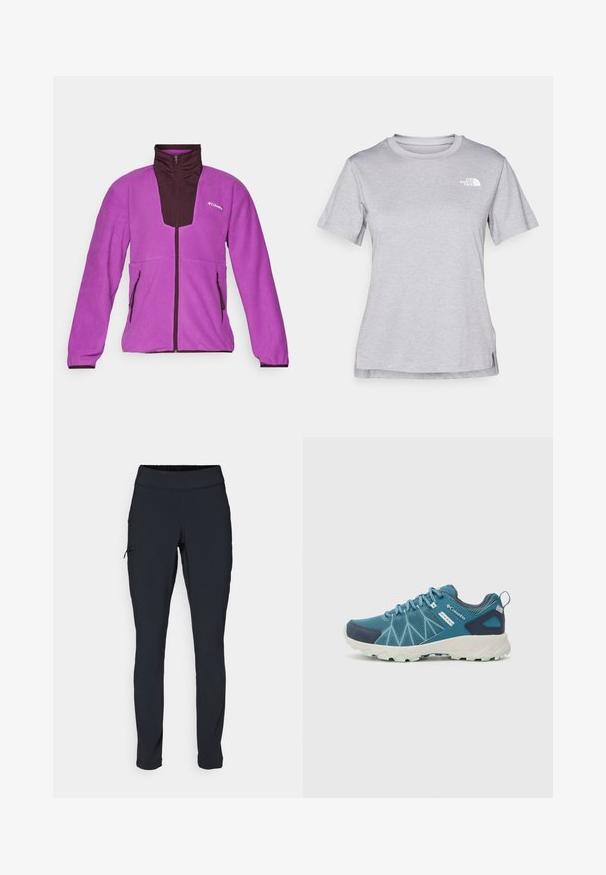 Jachetă din fleece violet cu accente maro închis, guler înalt, fermoar pe toată lungimea și două buzunare laterale. Textură moale și potrivire sportivă.; Tricou scurt cu mânecă gri, fabricat dintr-un material moale, care absoarbe umezeala. Are un guler rotund și un mic logo alb în partea stângă sus.; Pantaloni atletici negri cu o croială ajustată, talie elastică și un buzunar lateral cu fermoar. Material neted și elastic cu cusături minime.; Columbia PEAKFREAK™ II OUTDRY™ - Pantofi drumeție - blue heron/skylight