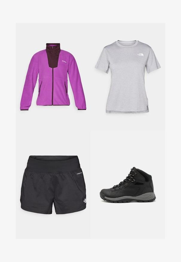 Veste en polaire violette avec des accents marron foncé, col haut, fermeture éclair sur toute la longueur à l'avant et deux poches latérales. Texture douce et coupe athlétique.; T-shirt gris à manches courtes fabriqué en tissu doux et évacuant l'humidité. Il présente un col rond et un petit logo blanc en haut à gauche.; Shorts de course noirs avec un tissu texturé, une taille élastique et des poches latérales ; affiche un petit logo à l'avant.; Botte de randonnée noire au design mi-haut, avec un dessus texturé, des accents gris et une semelle en caoutchouc durable avec des crampons de traction.