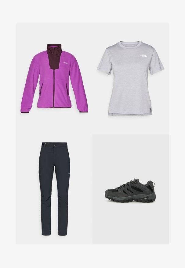 Purple fleece jacket with dark brown accents, high collar, full-zip front, and two side pockets. Soft texture and athletic fit.; Grey short-sleeve t-shirt made of soft, moisture-wicking fabric. Features a crew neck and a small white logo on the upper left.; Men's outdoor pants, dark gray, made from flexible material, featuring a belt, zippered pockets, and reinforced stitching.; Columbia REDMOND - Hiking shoes - black/citron haze