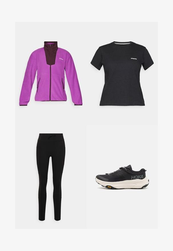 Purpurna flis jakna s tamnosmešnim detaljima, visokim ovratnikom, cijelim patentnim zatvaračem sprijeda i dva bočna džepa. Mekana tekstura i atletski kroj.; Crna pamučna majica s okruglim izrezom i kratkim rukavima. Ima bijeli "Patagonia" logo na lijevoj strani prsa.; Crne tajice izrađene od rastezljivog materijala s visokim strukom, s prednjim vezanjem i glatkim, bešavnim dizajnom.; Crne atletske cipele s prozračnom mrežicom na gornjem dijelu, gumenim potplatom, bijelim amortizirajućim srednjim dijelom i reflektirajućim vezicama. Vibram logo na potplatu.