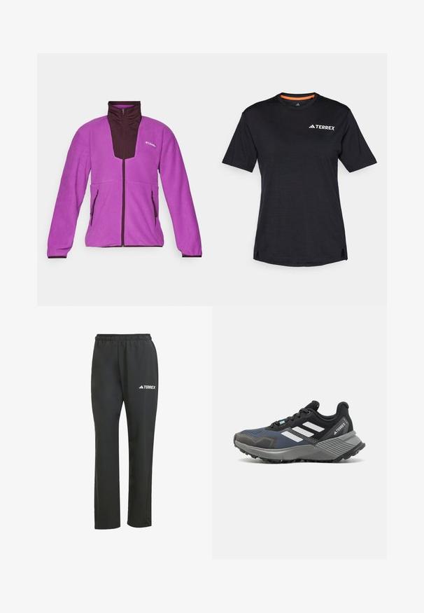 Casaco de polar roxo com detalhes em castanho escuro, gola alta, fecho de correr frontal e dois bolsos laterais. Textura suave e ajuste atlético.; T-shirt preto de manga curta com decote redondo, apresentando uma textura heather subtil e o logótipo branco "TERREX" no lado superior esquerdo.; Calças leves pretas com uma cintura elástica. Apresenta um discreto logótipo "TERREX" em branco. Tecido suave e design de perna reta.; Sapatilhas desportivas com parte superior em malha nas tonalidades de preto e azul. Apresentam riscas brancas, sola em borracha cinza e entressola texturizada para maior tração.