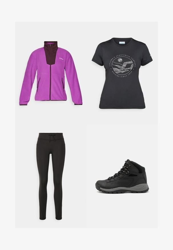 Lilla fliisjakker tumepruunide aktsentidega, kõrge krae, täislahti tõmmatav ettevaatlik ja kaks külgtaskut. Pehme tekstuur ja sportlik lõige.; Musternine Columbia T-särk mustas värvuses, millel on valge ümmargune mägi ja jõe joonistus ning tekst "Columbia Sportswear Company Outside Since 1938."; Mustad kõrge vöökohtadega mustad retuusid, paelaga, sileda tekstuuri ja sobiva disainiga. Külgedel on õmblusdetailid.; Mustarjaline matkasaabas, millel on keskmine disain, tekstuuriga ülemine osa, hallid aktsendid ja vastupidav kummist põhi, millel on haardelugesid.