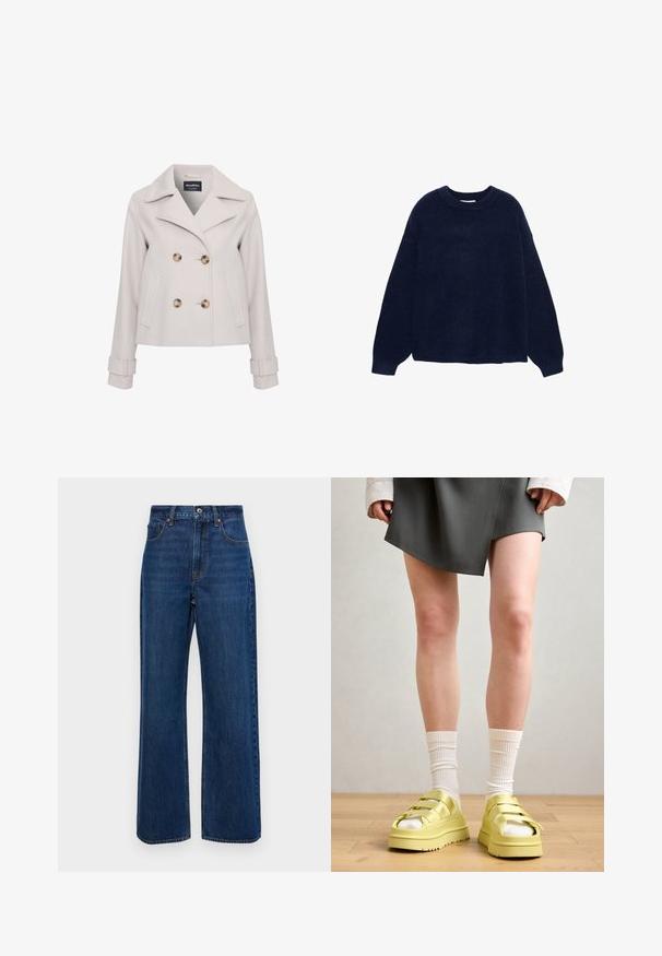 Cappotto grigio chiaro con grandi bottoni marroni, colletto a punta, design doppiopetto e tasche laterali. Presenta dettagli sui polsini.; Maglione a maglia blu navy realizzato in un tessuto morbido, caratterizzato da un collo a giro e maniche ampie, con una vestibilità rilassata e senza motivi o accessori visibili.; Jeans a gamba larga di colore blu scuro, realizzati in denim, con vita alta, design a cinque tasche e cuciture visibili lungo le cuciture.; Sandali platform gialli con più cinghie, indossati con calze bianche a costine, abbinati a una gonna a portafoglio grigia su un pavimento in legno.