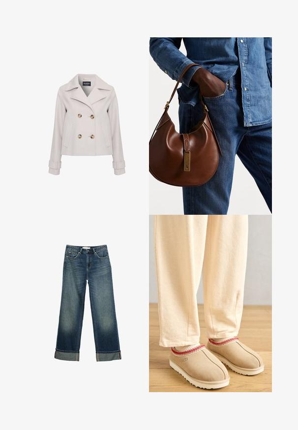 Light gray pea coat with large brown buttons, peaked collar, double-breasted design, and side pockets. Features cuff detailing.; Striped button-up shirt in light blue and white, featuring a chest pocket and a small logo. Made from smooth fabric with a relaxed fit.; Wide-leg blue denim jeans, featuring a faded finish, five-pocket design, and folded cuffs with contrast stitching. Smooth texture.; Tan suede clogs with a red decorative trim and white rubber sole, paired with light beige pants, set on a wooden floor.; Brown leather hobo bag with a rounded shape, featuring a gold hardware accent and contrast stitching. Paired with a denim shirt and jeans.