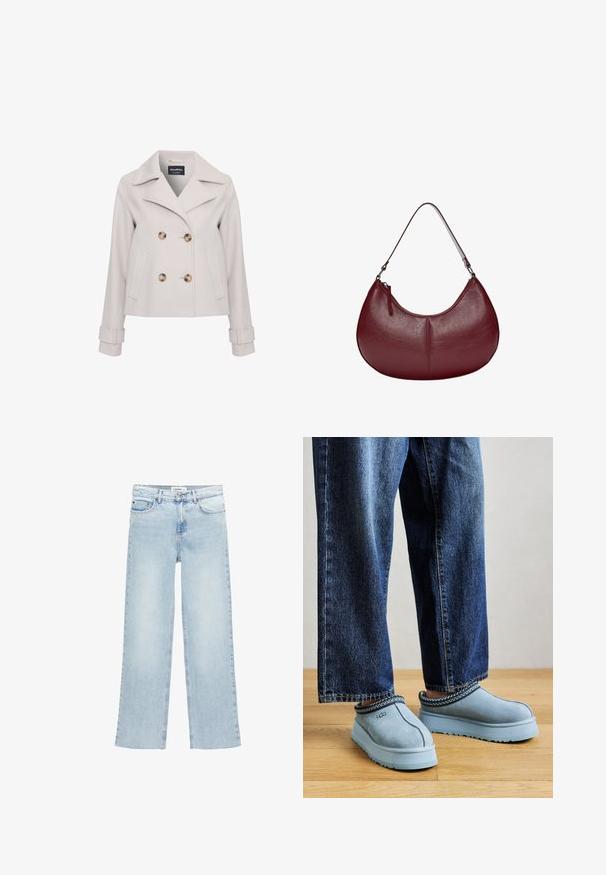 Lichtgrijze p-coat met grote bruine knopen, piek-kraag, dubbelzijdig ontwerp en zijzakken. Met manchette-details.; Katoenen blend, khaki groene top met korte mouwen en lange, gestreepte lichtgrijze mouwen met een gestructureerd ontwerp.; Lichtblauwe wijde jeans van denim met een hoge taille, vijf zakken en een knoopsluiting. Heeft een minimale stikselafwerking.; Blauwe suède instap UGG-schoenen met dikke zolen, gedragen met een blauwe jeans op een houten vloer tegen een effen achtergrond.; Bordeaux leren handtas met een gebogen vorm. Voorzien van een enkele schouderband en een bovenrits, met een gladde, getextureerde oppervlakte.