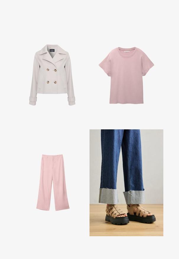 Světle šedý hřbetní kabát s velkými hnědými knoflíky, špičatým límcem, dvojitým zapínáním a bočními kapsami. Obsahuje detaily na manžetách.; Světle růžové tričko s krátkým rukávem vyrobené z hladkého bavlněného materiálu. Má kulatý výstřih a volný střih s rovnou spodní linií.; Světle růžové široké kalhoty z hladké tkaniny. Mají strukturovaný pas a rovné, splývavé nohavice, bez viditelných vzorů nebo kovových doplňků.; Béžové platformové sandály s tlustými černými podrážkami, které mají několik popruhů pro oporu. Spárováno se světle modrými džíny s ohrnutými nohavicemi.