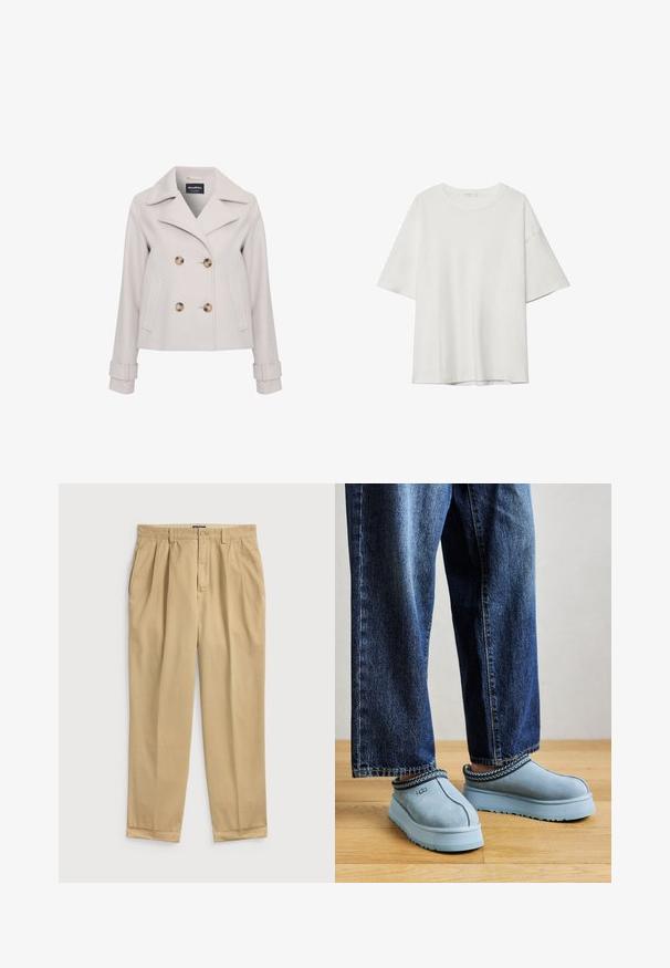 Hellgrauer Peacoat mit großen braunen Knöpfen, spitzem Kragen, doppelter Knopfleiste und seitlichen Taschen. Verfügt über Ärmelverzierungen.; Weißes T-Shirt mit kurzen Ärmeln, das einen runden Ausschnitt und eine lockere Passform aufweist. Hergestellt aus glattem Stoff ohne sichtbare Muster oder Akzente.; Helle beige Baumwollhose mit lockerer Passform, ausgestattet mit Bundfalten, Seitentaschen und einem umgeschlagenen Saum.; Blaue Wildleder-Slippers von UGG mit dicken Sohlen, getragen zu blauen Jeans auf einem Holzboden vor einem schlichten Hintergrund.