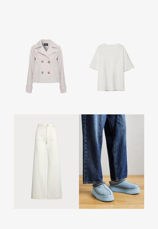 Jasnoszara płaszcz z groszkiem z dużymi brązowymi guzikami, wydłużonym kołnierzem, podwójnym zapięciem i bocznymi kieszeniami. Zawiera detale przy mankietach.; Biała koszulka z krótkim rękawem z okrągłym dekoltem i luźnym krojem. Wykonana z gładkiego materiału bez widocznych wzorów lub akcentów.; Spodnie dżinsowe o szerokich nogawkach w odcieniu off-white. Wysoki stan z zapięciem na guzik, dwiema kieszeniami z przodu i detalami z kontrastowym przeszyciem.; Niebieskie zamszowe buty UGG na luzie z grubą podeszwą, noszone z niebieskimi dżinsami na drewnianej podłodze na tle jednolitego koloru.