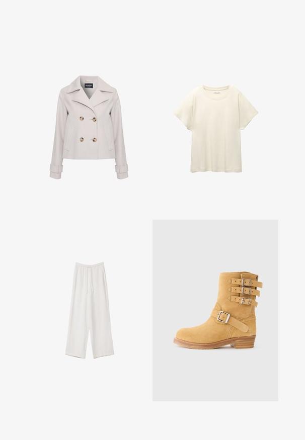 Lys grå frakke i pea coat-stil med store brune knapper, spidse krave, dobbeltknapdesign og sidelommer. Har detaljer ved ærmerne.; Lys beige kortærmet t-shirt med rund halsudskæring, lavet af blødt, glat stof. Har en afslappet pasform og lige forneden.; Hvide bukser med bred benlængde lavet af et letvægtsstof. Har et elastisk talje med snor og sidelommer. Glat tekstur.; Ruskindsankelstøvle i gul med tre spænder på siden, en rundet tå og en stablet træsål. Tekstureret overflade for bedre greb.